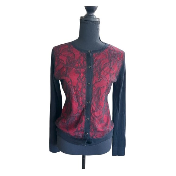 Neiman Marcus Red/Blk 100% Cashmere Button Closure Lace Accented Cardigan